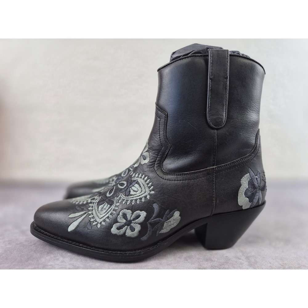 Black Embroidered Western Ankle Boots - Women's
